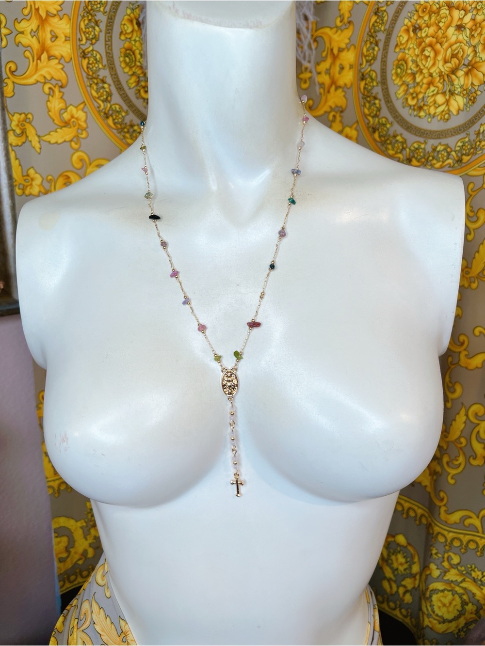 Gemstone Rosary pink green quartz Virgin Mary cross 18” to 21” necklace